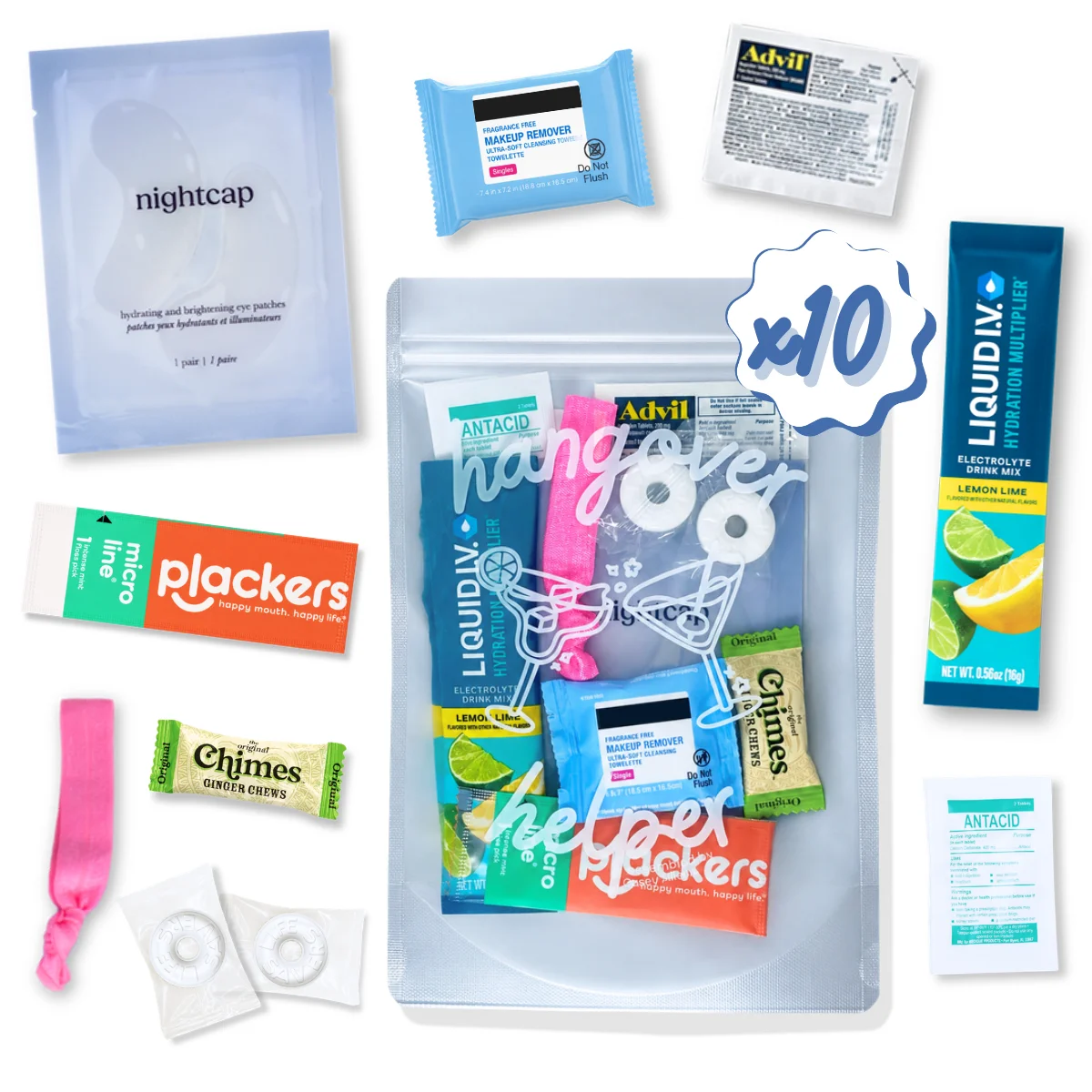 Premium Hangover Helper 10-pack with the 9 items laid out around the pouch